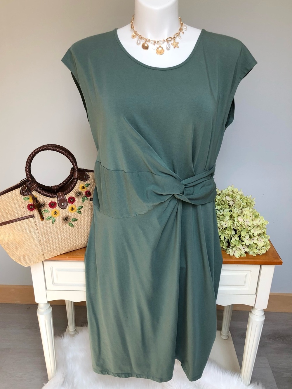 Land’s End Green Cotton Modal Stretch Knot Dress Size 1X